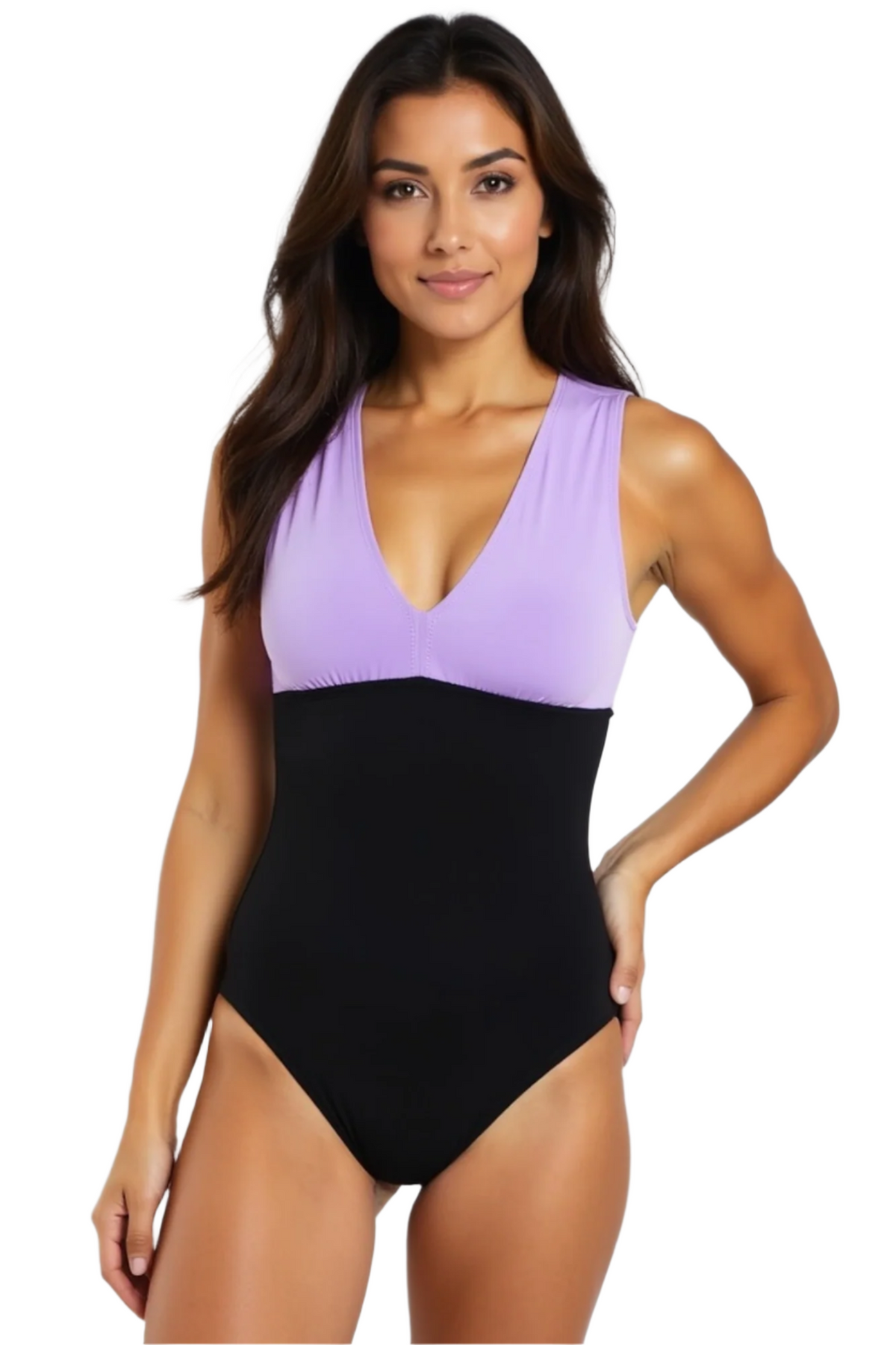 woman wearing stylish one piece flattering swimsuit