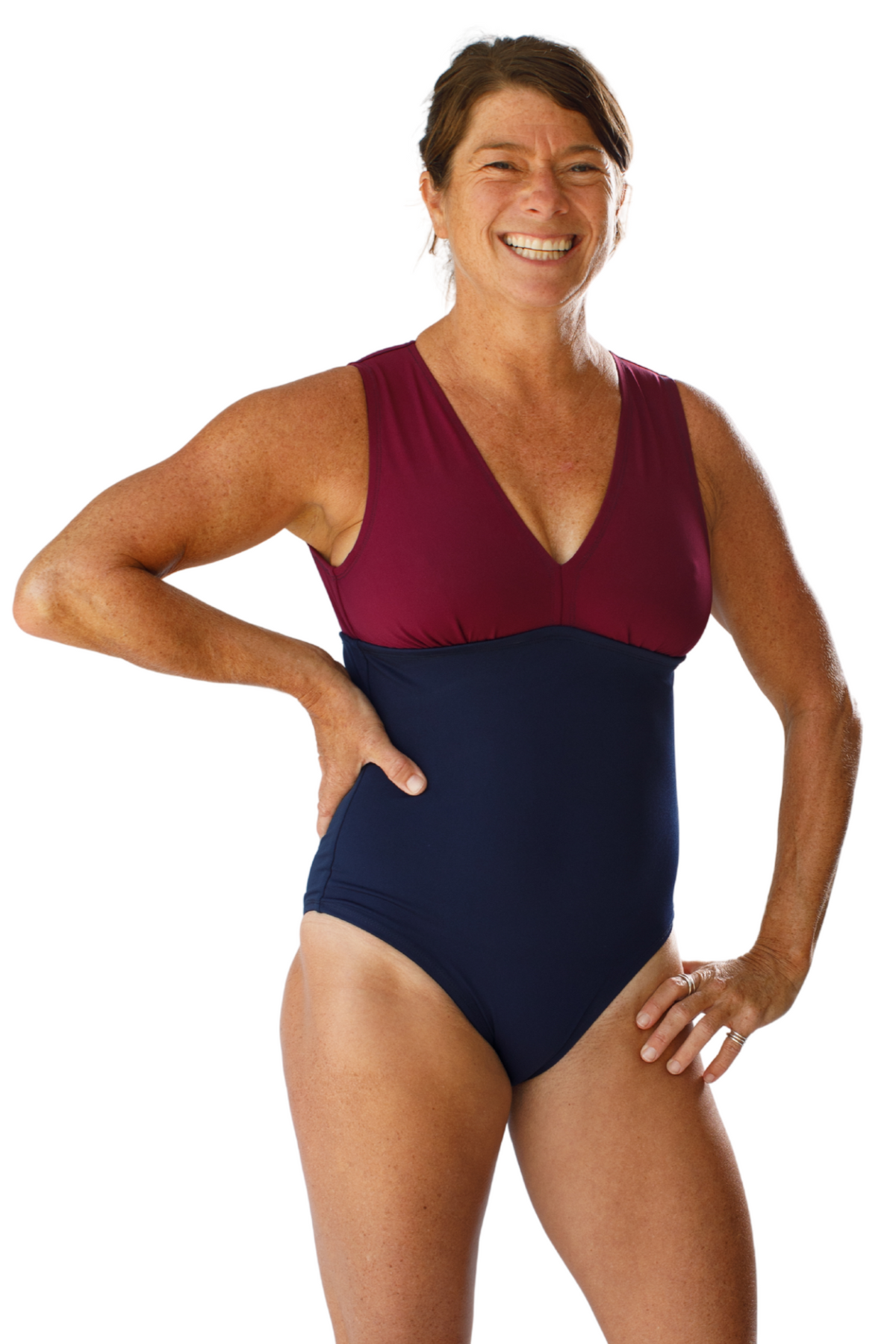 woman wearing one piece color block with white background