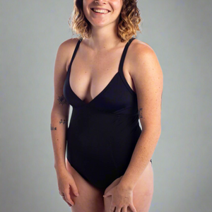 black adjustable strap swimsuit made for swimmers and athletic women 