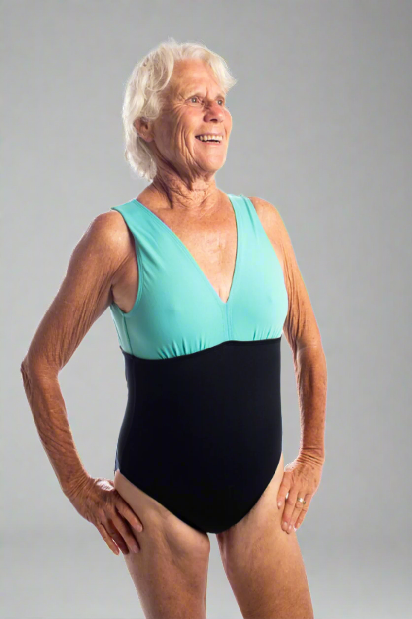made with recycled fabric blue black open back for exercise